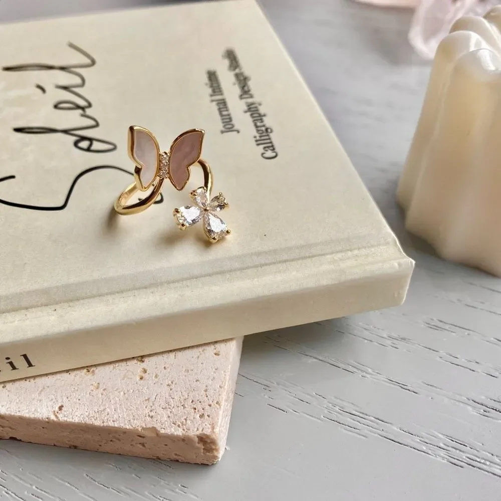 Mother of Pearl Gold Butterfly Open CZ Ring